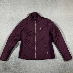 US Polo Assn Women's M Maroon Quilted Puffer Full Zip-up Jacket GOLD Logo  #2099